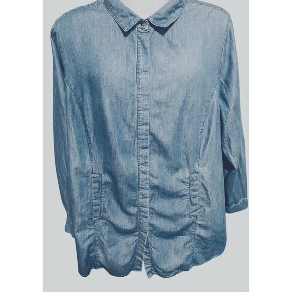 Intro Tops - Intro Womens Shirt 2X Chambray Long Sleeve Button Up Collared Country Coastal